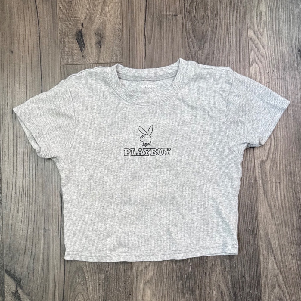 Playboy by PacSun Gray‎ Ribbed Cropped T Shirt Womens Size Large Bunny Logo
